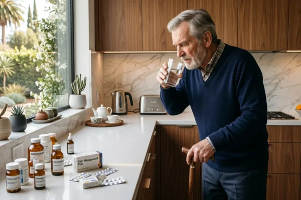A cinematic, wide-angle composition illuminated by soft, diffused morning sunlight streaming through a large window on the left, casting natural highlights across a white marble kitchen counter. On the right third of the frame, an elderly man in a navy blue sweater leans on a wooden cane while drinking from a clear glass of water. The sharply focused foreground displays scattered silver blister packs and several amber medical bottles with labels reading "Metformin ER", "Atorvastatin", and "Amlodipine", arranged around a prominent white and orange box displaying the text "Pain Management Plan".