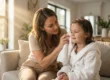 A soft-focus, cinematic editorial shot captures a mother gently drying a child's ear with a white towel during golden hour. Warm sunlight streams from a side window, illuminating the child's cozy white robe and highlighting a serene, empathetic atmosphere in a modern home. The composition features a shallow depth of field, focusing on the tender interaction between mother and child with a beautifully blurred domestic background.