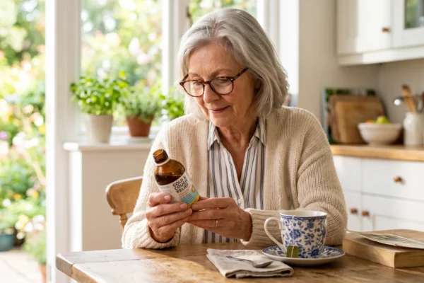 Older adult reading the label on a bottle of cough medicine at a sunlit kitchen table.