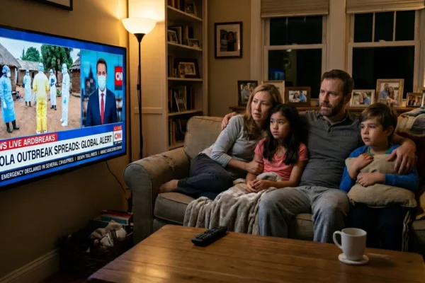 Cinematic low-key lighting with warm ambient room lamps contrasting against the cool, blue illumination cast by a large television screen onto a tense family of four. The medium-shot composition balances the brightly lit screen on the left with the huddled family seated on a sofa on the right. The TV displays a news broadcast featuring workers in hazmat suits and a chyron with the exact text: "NEWS LIVE ARDBREAKS", "EBOLA OUTBREAK SPREADS: GLOBAL ALERT", and "HEALTH EMERGENCY DECLARED IN SEVERAL COUNTRIES".