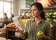 A medium-close-up composition illuminated by warm, diffused natural light and soft golden highlights. The subject is in sharp focus against a deeply blurred, vibrant grocery store aisle with creamy bokeh. A bright green apple is held in one hand, while the other holds a package where the text "organic WHOLE GRAIN CRACKERS" and a detailed nutrition facts label are clearly visible on the cardboard surface.