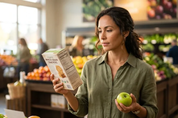 A medium-close-up composition illuminated by warm, diffused natural light and soft golden highlights. The subject is in sharp focus against a deeply blurred, vibrant grocery store aisle with creamy bokeh. A bright green apple is held in one hand, while the other holds a package where the text "organic WHOLE GRAIN CRACKERS" and a detailed nutrition facts label are clearly visible on the cardboard surface.