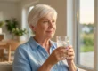 A close-up portrait composition utilizing a shallow depth of field, illuminated by soft golden hour light streaming through a large window on the right. The warm, directional lighting creates a gentle rim glow on the subject's hair and highlights the sharp condensation droplets and ice cubes within a clear glass. The background consists of a smoothly blurred, neutral-toned modern interior and a bright outdoor view, keeping the visual focus entirely on the crisp foreground elements. There is no text present on the objects.