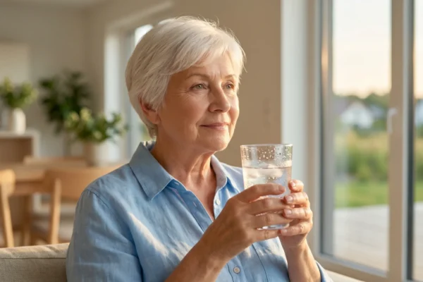 A close-up portrait composition utilizing a shallow depth of field, illuminated by soft golden hour light streaming through a large window on the right. The warm, directional lighting creates a gentle rim glow on the subject's hair and highlights the sharp condensation droplets and ice cubes within a clear glass. The background consists of a smoothly blurred, neutral-toned modern interior and a bright outdoor view, keeping the visual focus entirely on the crisp foreground elements. There is no text present on the objects.