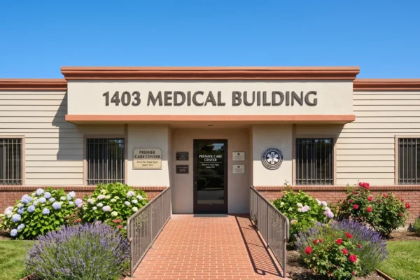 A perfectly centered, symmetrical architectural composition illuminated by bright, warm daylight under a clear, vibrant blue sky. A textured red brick pathway, bordered by tan metal handrails and lush green lawns with colorful flowering bushes, leads the eye directly to the central entrance of a single-story facade. Prominent dark brown block letters spelling "1403 MEDICAL BUILDING" are mounted across the upper exterior above the shaded glass double-door entrance, which displays smaller, less legible informational plaques. The crisp lighting creates soft, realistic shadows, enhancing the rich color contrast and inviting atmosphere of the scene.