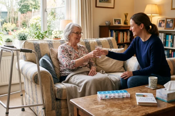A detailed, wide-angle photograph capturing a tender moment in a cozy, lived-in living room. Warm, soft natural light streams in from a large garden-facing window on the left, illuminating a metal walker standing beside the window frame. An older woman with grey hair, glasses, and a floral top is seated comfortably on a large patterned sofa, covered by a blanket, smiling as she accepts a glass of water from a younger woman with dark hair and a blue sweater, who is kneeling at her side and smiling. The younger woman's kneeling posture and the older woman's seated position create a dynamic central focus of care. The foreground on a rustic wooden coffee table shows a light blue weekly pill organizer, a tissue box, a mug on a coaster, and a book titled "Recovery Journey." The background features extensive bookshelves packed with books and personal items, with lamps emitting a warm, inviting yellow glow, creating a cared-for and comfortable domestic scene.