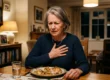A warm, ambiently lit indoor scene featuring a central medium-close composition of an older woman. Soft, amber lighting from a background lamp casts gentle shadows, creating a moody, intimate atmosphere. The focus is sharp on the woman and her hand pressing against her chest, highlighting her expression of mild discomfort. The foreground features a slightly out-of-focus wooden dining table with a partially eaten meal on a plate and a glass of water, adding depth to the scene. The background fades into a soft, cozy bokeh of a domestic living space at night. There is no text visible in the image.