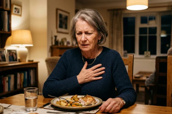 A warm, ambiently lit indoor scene featuring a central medium-close composition of an older woman. Soft, amber lighting from a background lamp casts gentle shadows, creating a moody, intimate atmosphere. The focus is sharp on the woman and her hand pressing against her chest, highlighting her expression of mild discomfort. The foreground features a slightly out-of-focus wooden dining table with a partially eaten meal on a plate and a glass of water, adding depth to the scene. The background fades into a soft, cozy bokeh of a domestic living space at night. There is no text visible in the image.