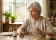 Elderly woman at a sunlit kitchen table holding a vitamin capsule and a glass of water, representing daily vitamin B12 supplementation for senior nerve health