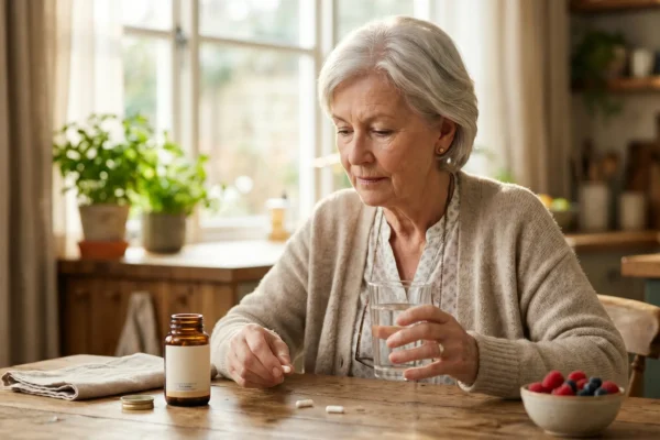 Elderly woman at a sunlit kitchen table holding a vitamin capsule and a glass of water, representing daily vitamin B12 supplementation for senior nerve health