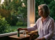 Cinematic composition bathed in warm twilight and soft practical lighting. A senior woman is sharply focused in the foreground, seated on a screened porch. Her hand gently rests on a green spray bottle displaying the text "INSECT REPELLENT" on a wooden side table. The background features a shallow depth of field, with beautifully blurred lush greenery and distinct mosquito silhouettes backlit by the fading golden hour sunlight.