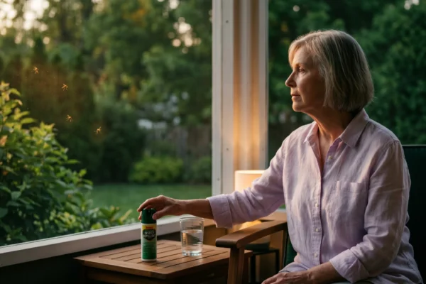 Cinematic composition bathed in warm twilight and soft practical lighting. A senior woman is sharply focused in the foreground, seated on a screened porch. Her hand gently rests on a green spray bottle displaying the text "INSECT REPELLENT" on a wooden side table. The background features a shallow depth of field, with beautifully blurred lush greenery and distinct mosquito silhouettes backlit by the fading golden hour sunlight.