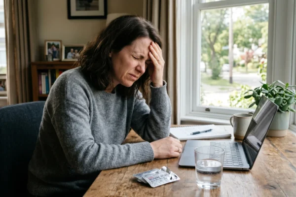 A medium shot, naturally lit from the right by strong daylight through large multi-paned windows, features a woman with shoulder-length dark hair in a grey knit sweater. She is sitting at a weathered wooden desk, grimacing with her eyes closed, her left hand pressed firmly to her forehead. The desk surface is detailed, holding an open laptop, a ceramic mug, a glass of water, a notepad with a pen, a potted jade plant, and several scattered pill blister packs. One blister pack is clearly visible, showing white tablets and text that partially reads "MIGRAINE RELIEF" or similar medication name. The background is a detailed, slightly out-of-focus home interior with bookshelves and photo frames. The overall mood is one of distress and need for relief.