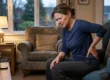 A medium shot with complex, mixed lighting in a dim living room. A middle-aged woman in a dark blue, long-sleeved shirt is the main focus, sitting on a teal fabric armchair. She has her right hand pressed firmly into her lower right back, her head turned away with a painful grimace as she looks down and to the left. Warm, golden light from a nearby lamp illuminates the right side of her face and her body, while a cooler, bluish-grey twilight seeps in from the window behind her, casting deep shadows across the room. On a blurred wooden coffee table in the foreground, a translucent white bottle with an indistinct, hand-written-style label that visually suggests 'Ibuprofen' sits next to a smartphone.