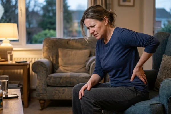 A medium shot with complex, mixed lighting in a dim living room. A middle-aged woman in a dark blue, long-sleeved shirt is the main focus, sitting on a teal fabric armchair. She has her right hand pressed firmly into her lower right back, her head turned away with a painful grimace as she looks down and to the left. Warm, golden light from a nearby lamp illuminates the right side of her face and her body, while a cooler, bluish-grey twilight seeps in from the window behind her, casting deep shadows across the room. On a blurred wooden coffee table in the foreground, a translucent white bottle with an indistinct, hand-written-style label that visually suggests 'Ibuprofen' sits next to a smartphone.