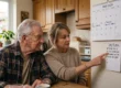 Close-up composition focusing on a wooden kitchen table bathed in soft, diffused natural window light. The warm lighting creates gentle shadows and highlights a handwritten checklist on lined paper placed next to a calendar. A person's finger enters the frame to gently point at the list. The text on the checklist consists of simulated, illegible handwritten script and numbers, resembling a daily routine or memory aid. The tight framing draws the viewer's eye directly to the interaction with the paper, emphasizing an intimate and supportive atmosphere.