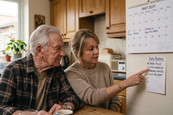 Close-up composition focusing on a wooden kitchen table bathed in soft, diffused natural window light. The warm lighting creates gentle shadows and highlights a handwritten checklist on lined paper placed next to a calendar. A person's finger enters the frame to gently point at the list. The text on the checklist consists of simulated, illegible handwritten script and numbers, resembling a daily routine or memory aid. The tight framing draws the viewer's eye directly to the interaction with the paper, emphasizing an intimate and supportive atmosphere.
