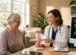 Warm, natural daylight streams from the windows on the left, creating soft highlights and warm skin tones. The composition features a shallow depth of field, focusing on a transparent 3D anatomical model of a neck with red vessels placed in the center of a wooden desk; there is no text on the object. A doctor on the right gestures toward the central model, visually balancing the older patient seated on the left, while a bright computer monitor frames the right edge of the scene.