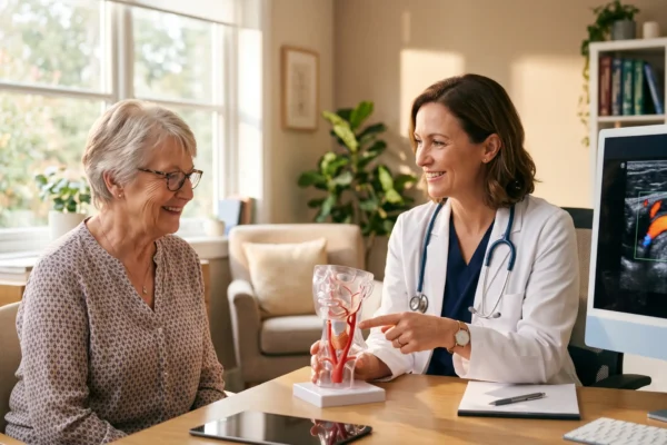 Warm, natural daylight streams from the windows on the left, creating soft highlights and warm skin tones. The composition features a shallow depth of field, focusing on a transparent 3D anatomical model of a neck with red vessels placed in the center of a wooden desk; there is no text on the object. A doctor on the right gestures toward the central model, visually balancing the older patient seated on the left, while a bright computer monitor frames the right edge of the scene.