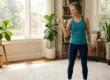 A medium-wide, sunlit domestic living room scene captures a mature woman with short grey hair, wearing a teal tank top and navy leggings, performing a focused bicep curl with a single silver fixed-weight dumbbell. The scene is bathed in warm, diffused natural daylight streaming from large windows on the left. Background elements include several large potted plants (such as a Fiddle Leaf Fig and Snake Plant), a filled bookshelf, and soft seating, creating a cozy and capable home gym atmosphere. Her expression is focused and capable. No text is visible on the dumbbell.