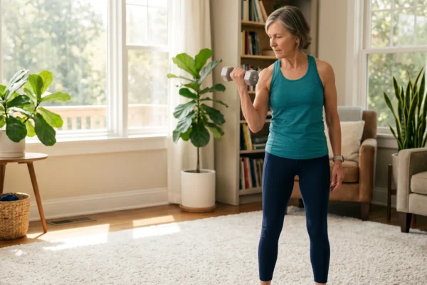 A medium-wide, sunlit domestic living room scene captures a mature woman with short grey hair, wearing a teal tank top and navy leggings, performing a focused bicep curl with a single silver fixed-weight dumbbell. The scene is bathed in warm, diffused natural daylight streaming from large windows on the left. Background elements include several large potted plants (such as a Fiddle Leaf Fig and Snake Plant), a filled bookshelf, and soft seating, creating a cozy and capable home gym atmosphere. Her expression is focused and capable. No text is visible on the dumbbell.