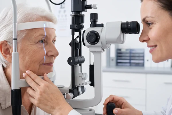 Soft, bright, even illumination fills a clean professional medical office. A complex grey and black slit-lamp machine is centered in the profile composition, flanked by an elderly woman with short white hair (left) and a younger female doctor with brown hair (right). Both are in profile, with the machine as the point of converge for their gaze and hands. The background is a gently blurred white space with visible cabinet handles and a distant medical chart containing small, illegible black text. The doctor's hand is on a machine control knob and also supporting the patient's chin rest.