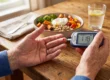 An older adult checks blood sugar with a fingertip glucose meter beside a healthy meal, showing prediabetes testing.