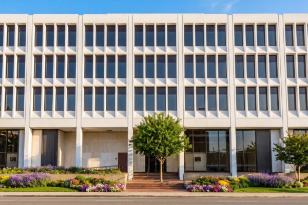 A perfectly centered, flat frontal architectural composition of a multi-story white building featuring a symmetrical grid of recessed rectangular windows. The scene is illuminated by bright, warm, natural sunlight that creates crisp, realistic shadows within the deep window bays, enhancing the building's geometric texture. The high-contrast, vibrant lighting is complemented by a clear, vivid blue sky at the top edge and lush, highly saturated green foliage framing the ground-level entrance. Faint text and typographic layouts are visible on the informational posters displayed behind the expansive, dark glass windows of the central ground-floor lobby.