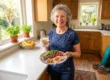 A bright, wide-angle indoor composition flooded with natural daylight streaming through large windows on the left. The lighting is crisp and cheerful, casting soft, warm highlights on the white countertop and the central subject. The frame is balanced by warm wooden cabinetry in the background. In the foreground, sharp focus highlights a clear glass with a yellow citrus slice and a vivid, colorfully patterned plate filled with textured reds, blues, greens, and earthy browns. To the lower right, bright teal and orange color accents are provided by a rolled mat and a pair of athletic shoes resting on the wooden floor. There is no visible text on the objects in the scene.
