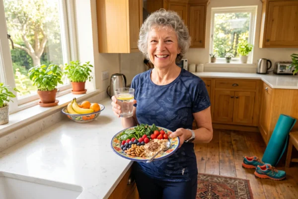A bright, wide-angle indoor composition flooded with natural daylight streaming through large windows on the left. The lighting is crisp and cheerful, casting soft, warm highlights on the white countertop and the central subject. The frame is balanced by warm wooden cabinetry in the background. In the foreground, sharp focus highlights a clear glass with a yellow citrus slice and a vivid, colorfully patterned plate filled with textured reds, blues, greens, and earthy browns. To the lower right, bright teal and orange color accents are provided by a rolled mat and a pair of athletic shoes resting on the wooden floor. There is no visible text on the objects in the scene.