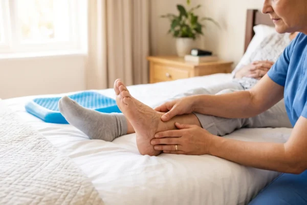 A brightly lit composition with soft natural sunlight streaming from the left. A caregiver in blue scrubs on the right gently holds an older adult's bare heel on clean white linens. A blue cushion rests in the smoothly blurred background. No text is present in the image.