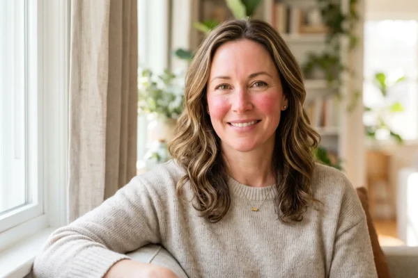 A bright, editorial-style portrait illuminated by soft, natural daylight streaming from a window on the left. The composition utilizes a shallow depth of field to softly blur a warm, airy interior in the background, anchoring sharp focus on the subject's face—specifically highlighting a distinct, natural rosy flush across the cheeks and nose. The lighting creates a vibrant, inviting tone with high-detail, true-to-life colors. There is no text or branding present.