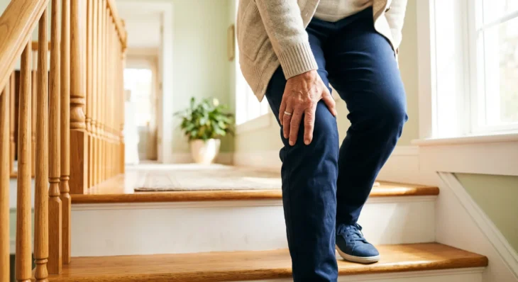 A bright, naturally lit close-up composition focusing on an older adult's wrinkled hand firmly gripping their knee while standing on a wooden staircase. Warm sunlight streams in from a window on the right, casting soft highlights on the hand, the beige cardigan, and the blue trousers. The shot utilizes a shallow depth of field, gently blurring the airy, sunlit hallway in the background to draw all attention to the tension in the hand and knee. The overall lighting is warm, inviting, and photorealistic.