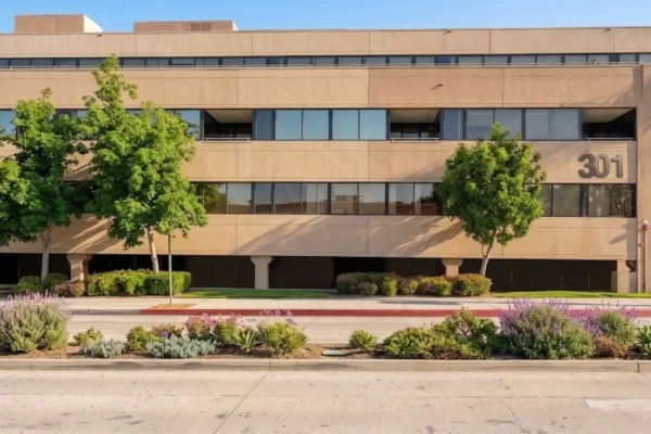 A bright, sun-drenched wide photograph capturing the facade of a multi-story, tan-colored office building under a clear blue sky. Bright natural sunlight from the right illuminates the structured exterior, casting distinct, crisp shadows of the leafy green trees onto the textured cladding. The building features rhythmic horizontal bands of continuous, dark-tinted windows. The foreground is defined by manicured landscaping along a sidewalk, including purple-flowering plants (like lavender) and various succulents. Several large, full-foliage trees are positioned along the building's front, while a tall, slender palm tree stands on the far right. Prominently displayed on the right-hand wall panel of the building, between the floors, is the large, bold, dark three-digit numeral '301' in a modern sans-serif font.