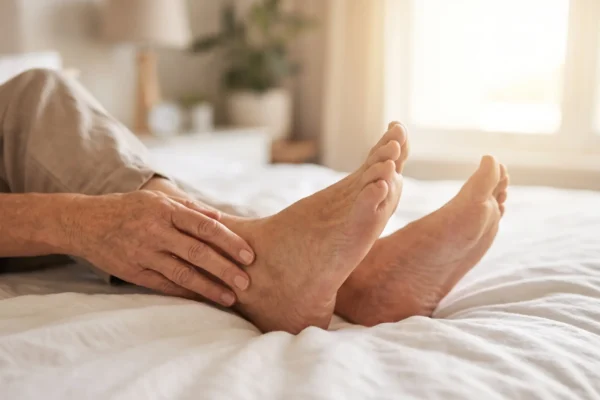Close-up composition focusing on an older adult's hands gently touching their bare ankles and feet on soft white bedsheets. The scene features a shallow depth of field, bathed in warm, bright natural sunlight streaming from a softly blurred bedroom window in the background. The lighting creates an uplifting, airy, and inviting atmosphere. There is no text present in the image.
