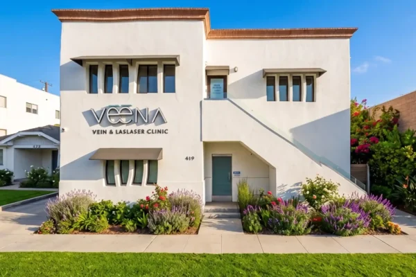 A perfectly centered, straight-on frontal composition of a two-story building bathed in bright, warm natural daylight. The high-contrast lighting creates crisp, soft shadows that emphasize the clean architectural lines and the vibrant, lush green landscaping in the foreground. Set against a clear blue sky, the white facade features prominent metallic 3D lettering that reads "VEENA" with the text "VEIN & LASLASER CLINIC" directly underneath.