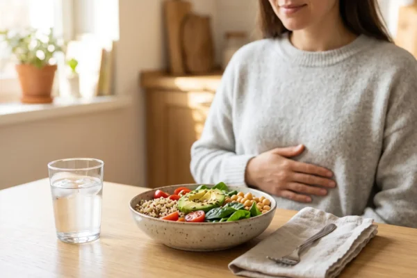 A brightly lit, editorial-style photograph utilizing a shallow depth of field and soft, natural sunlight streaming from a window. In the sharp foreground, a sunlit wooden table holds a glass of iced water and a rustic ceramic bowl filled with a vibrant salad of avocado, spinach, chickpeas, and grains, alongside a silver fork resting on a folded linen napkin. The soft-focus background features a person in a light grey textured sweater sitting at the table, resting their hand gently on their upper abdomen. The overall lighting is warm, airy, and inviting. There is no text visible in the image.