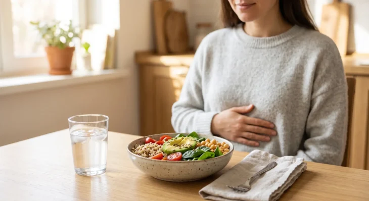 A brightly lit, editorial-style photograph utilizing a shallow depth of field and soft, natural sunlight streaming from a window. In the sharp foreground, a sunlit wooden table holds a glass of iced water and a rustic ceramic bowl filled with a vibrant salad of avocado, spinach, chickpeas, and grains, alongside a silver fork resting on a folded linen napkin. The soft-focus background features a person in a light grey textured sweater sitting at the table, resting their hand gently on their upper abdomen. The overall lighting is warm, airy, and inviting. There is no text visible in the image.