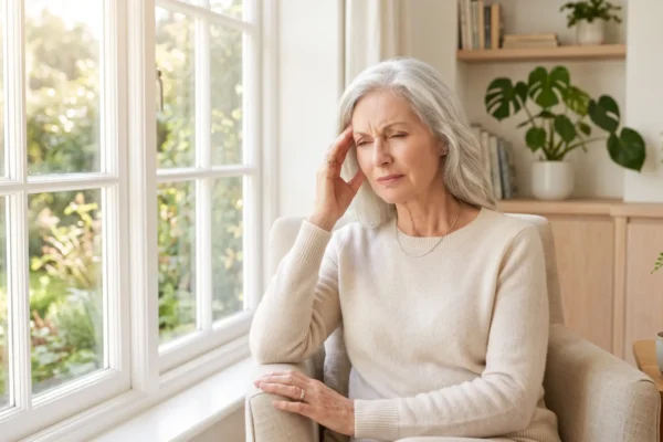 A photorealistic, magazine-quality medium shot. The composition places the subject—an older woman with silver hair touching her temple in discomfort—on the right, balanced by a large, paned window on the left. Warm morning sunlight streams in, casting soft, natural, and highly detailed directional light across her face. A shallow depth of field softly blurs the background of a bright, airy room with green houseplants and wooden furniture, maintaining a warm and vibrant color palette. No text or logos are present.