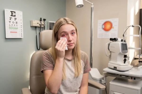 A medium shot photo of a young blonde woman sitting in an examination chair, centered in the frame. The room is brightly and evenly lit with clean, modern medical office lighting. Her face is directed at the camera, with her right eye deeply reddened and tearful; she holds a small white cotton pad against her cheek just below the eye. In the background to the left, a traditional Snellen eye chart is visible on the wall with the letters E, FP, and TOZ clearly legible, along with medical wall equipment. To the right, a workstation with a computer monitor,