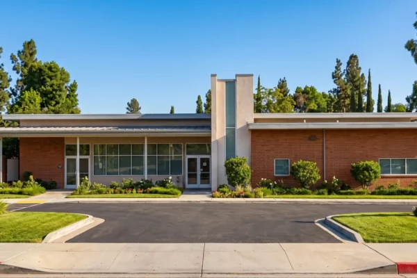 A perfectly centered, flat frontal architectural composition of a single-story modern brick and stucco building. The scene is illuminated by bright, warm natural daylight under a clear, vibrant blue sky, creating crisp, high-contrast colors and soft, realistic shadows that highlight the textures of the brick walls and large reflective windows. The framing is symmetrical, utilizing the smooth, dark asphalt driveway and crisp concrete sidewalks in the foreground as grounding elements that lead the eye straight to the facade. The building is framed by lush, vividly green trees and perfectly manicured colorful flower beds. The structure presents a clean, unbranded appearance with no visible text or signage, resulting in a highly polished, pristine real estate aesthetic.