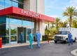 Bright, sunlit eye-level composition of a modern hospital exterior. Soft natural daylight illuminates the clean architectural lines and vibrant background, creating a warm, inviting tone. A prominent red architectural canopy clearly displays crisp white text reading "EMERGENCY". The image features a balanced layout with high-detail clarity and a gentle depth of field.