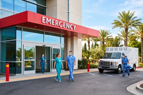 Bright, sunlit eye-level composition of a modern hospital exterior. Soft natural daylight illuminates the clean architectural lines and vibrant background, creating a warm, inviting tone. A prominent red architectural canopy clearly displays crisp white text reading "EMERGENCY". The image features a balanced layout with high-detail clarity and a gentle depth of field.