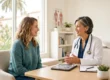 A brightly lit, cleanly composed editorial photograph featuring a shallow depth of field and a warm, inviting tone. Soft, natural sunlight streams through a large window on the left, illuminating a female patient and doctor engaged in a friendly consultation. The background is slightly blurred, maintaining an airy and uplifting atmosphere. On the light wood desk between them sits a digital tablet displaying colorful bar charts and graphs, alongside a clipboard and a small potted plant.