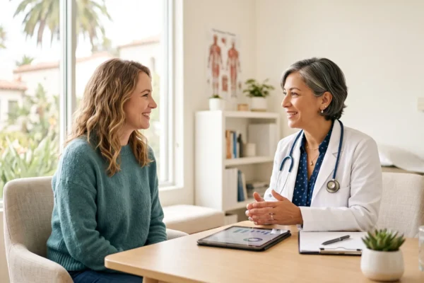 A brightly lit, cleanly composed editorial photograph featuring a shallow depth of field and a warm, inviting tone. Soft, natural sunlight streams through a large window on the left, illuminating a female patient and doctor engaged in a friendly consultation. The background is slightly blurred, maintaining an airy and uplifting atmosphere. On the light wood desk between them sits a digital tablet displaying colorful bar charts and graphs, alongside a clipboard and a small potted plant.