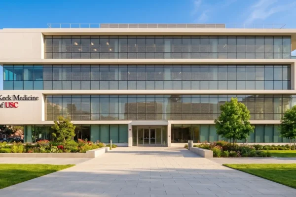 A perfectly centered, straight-on architectural composition of a modern white and glass building captured under bright, vibrant daylight. Warm, natural sunlight casts soft, realistic shadows across the wide paved walkway and the flanking lush, saturated green landscaping. The lighting is crisp and high-contrast against a clear blue sky, giving it the polished look of professional real estate photography. On the lower left section of the facade, the text "Keck Medicine of USC" stands out clearly in bold black and red lettering.
