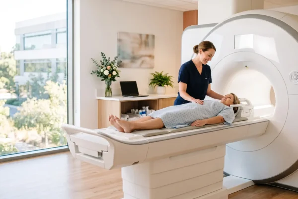 A wide, photorealistic composition bathed in soft, natural daylight streaming from a large window on the left, creating a warm, airy, and uplifting atmosphere. The scene features a shallow depth of field with vibrant, true-to-life colors. On the right, a pristine white MRI scanner with smooth, unbranded, and text-free surfaces anchors the frame. In the center, bathed in the gentle light, a smiling technologist in dark blue scrubs interacts with a patient lying on the extended scanner bed, set against a clean, minimalist background.