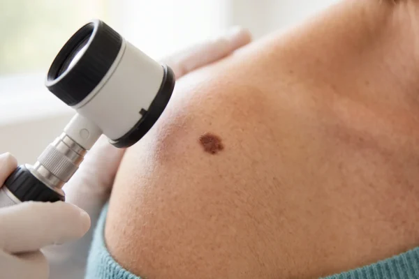 A close-up photograph under soft, diffuse daylight of a patient's shoulder. Positioned centrally is a single, asymmetrical, dark, irregular skin mole on the textured skin of the shoulder. From the left, two hands in white medical gloves frame a hand-held dermatoscope, which is pointed directly at the mole for examination. The focus is sharp on the mole and the dermatoscope head. The skin of the shoulder shows natural texture and minor freckling. The background, including the partial back of a person with light hair and a window, is heavily blurred (shallow depth of field), creating a strong separation of the subject. No visible text or logos.