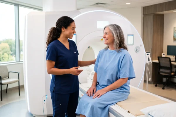 A brightly lit, sun-drenched composition featuring a large, modern white medical scanner as the central backdrop. Soft, warm natural light streams from large windows on the left side, evenly illuminating the two figures in the foreground. The shallow depth of field softly blurs the background office elements and seating area, drawing focus to the clean, inviting center of the frame. There is no visible text on the equipment or garments.