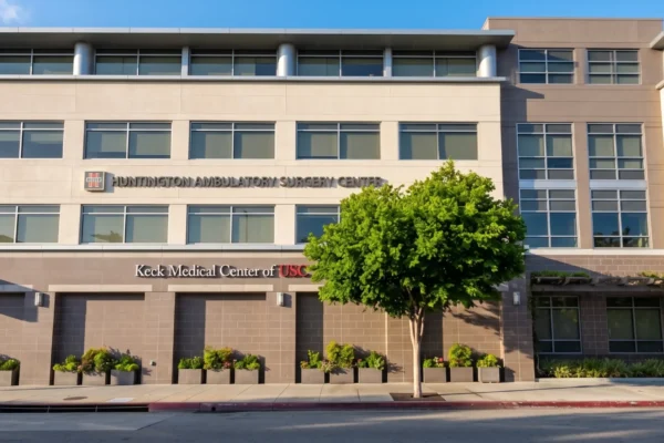 A perfectly straight, centered frontal composition of a modern multi-story building, illuminated by vibrant, warm natural sunlight that casts soft, realistic directional shadows across its textured exterior. The photography features high contrast, crisp architectural lines, and rich color saturation, particularly highlighting the clear blue sky and lush green foliage framing the structure. Crisp, metallic lettering spans horizontally across the facade, reading "HUNTINGTON AMBULATORY SURGERY CENTER" on the upper band and "Keck Medical Center of USC" directly below it, accented by a red "Emergency" sign on the lower left edge.